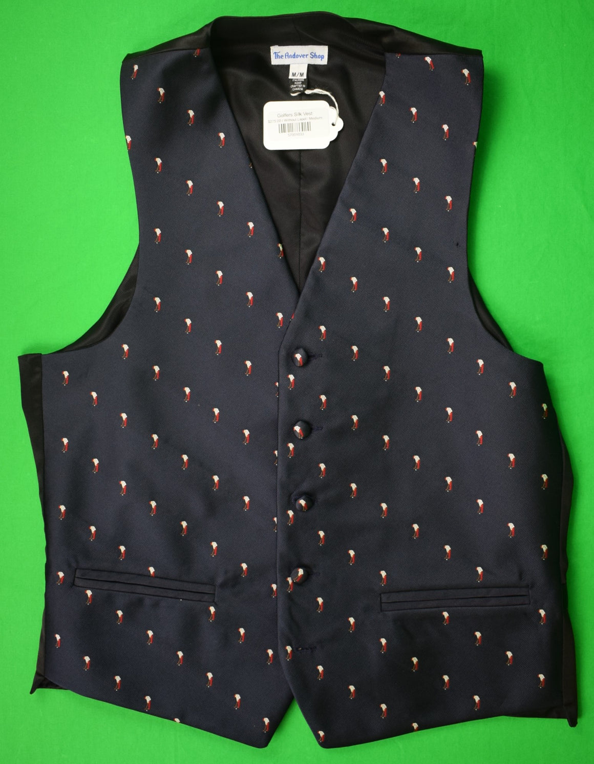 "The Andover Shop Italian Navy Silk w/ Red Golfer Embroidered Vest" Sz M (New w/ Tag)