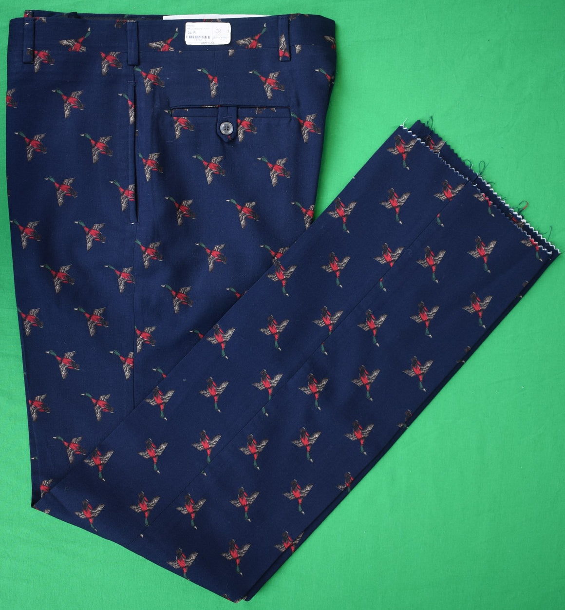 "O'Connell's Navy Wool Challis w/ Red Mallard Print Vintage c1980s Trousers" Sz 34 (NWT)