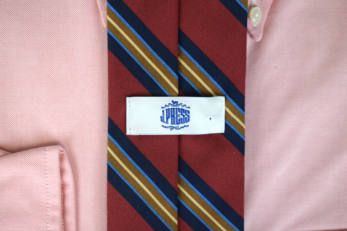 J. Press Irish Poplin Silk/ Wool Burgundy/ Navy Repp Stripe Tie