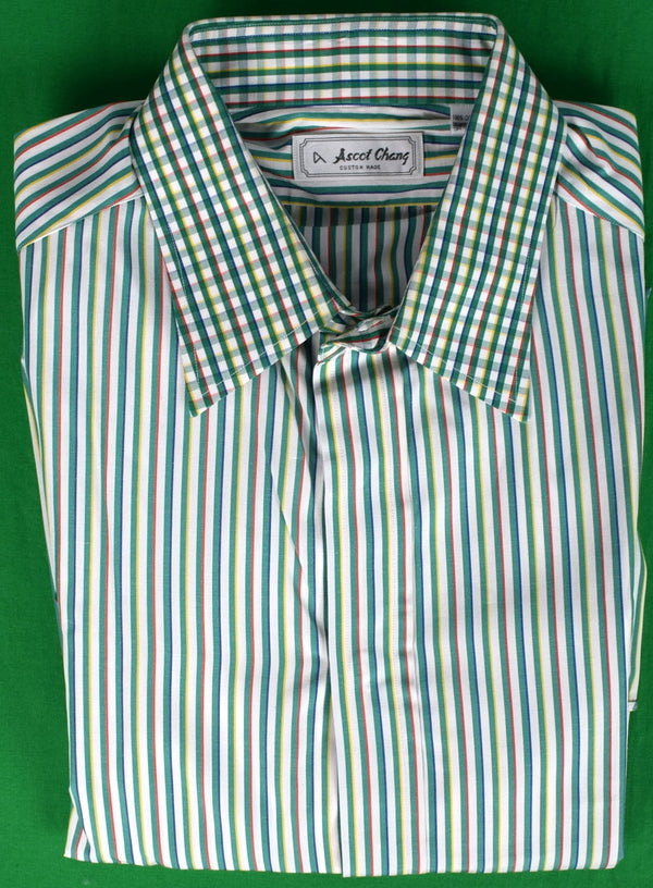 Ascot Chang Custom Multi-Green Stripe w/ Button Cuff c1995 Dress Shir Ascot Chang Custom Multi-Green Stripe w/ Button Cuff c1995 Dress Shir
