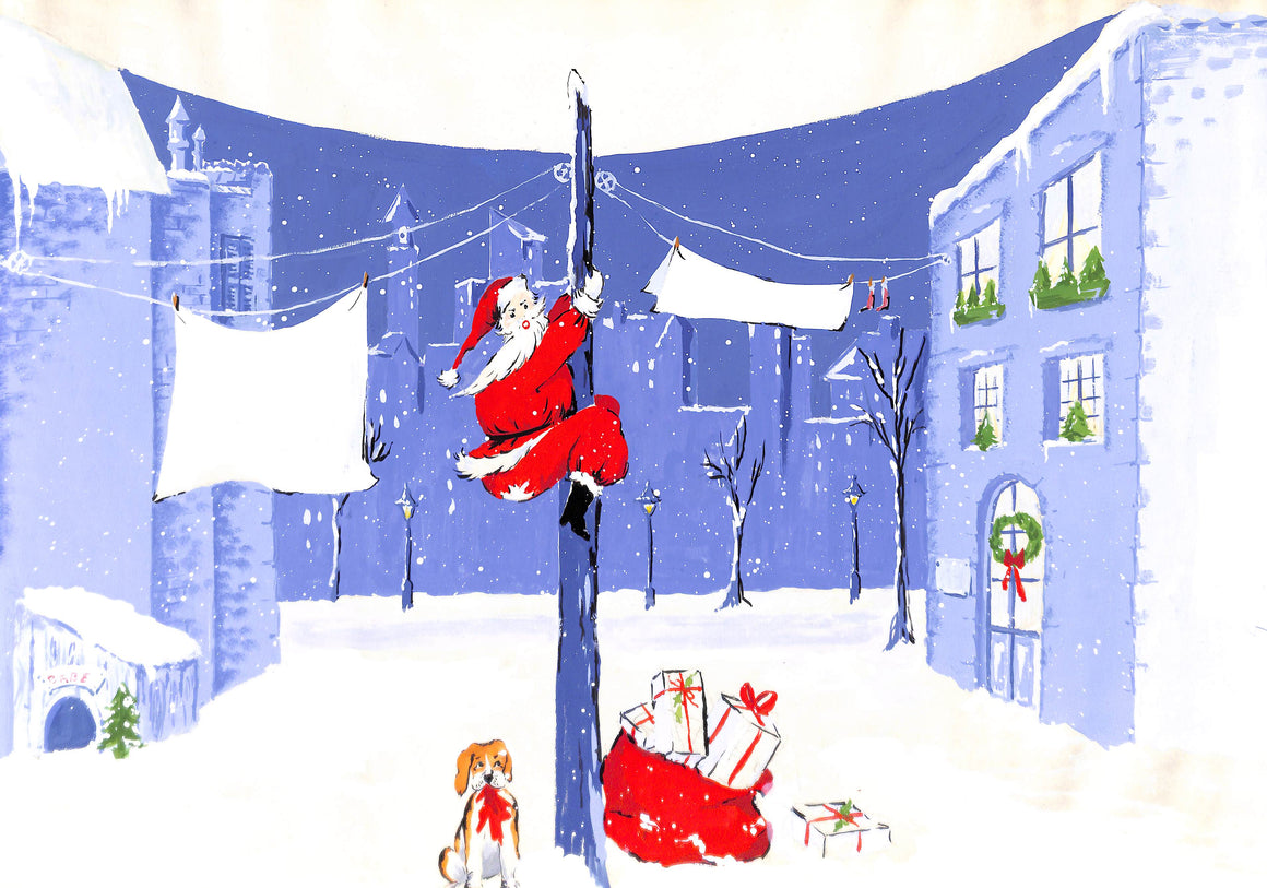 Lanvin Paris Santa Climbing Pole w/ Dog c1950s Artwork