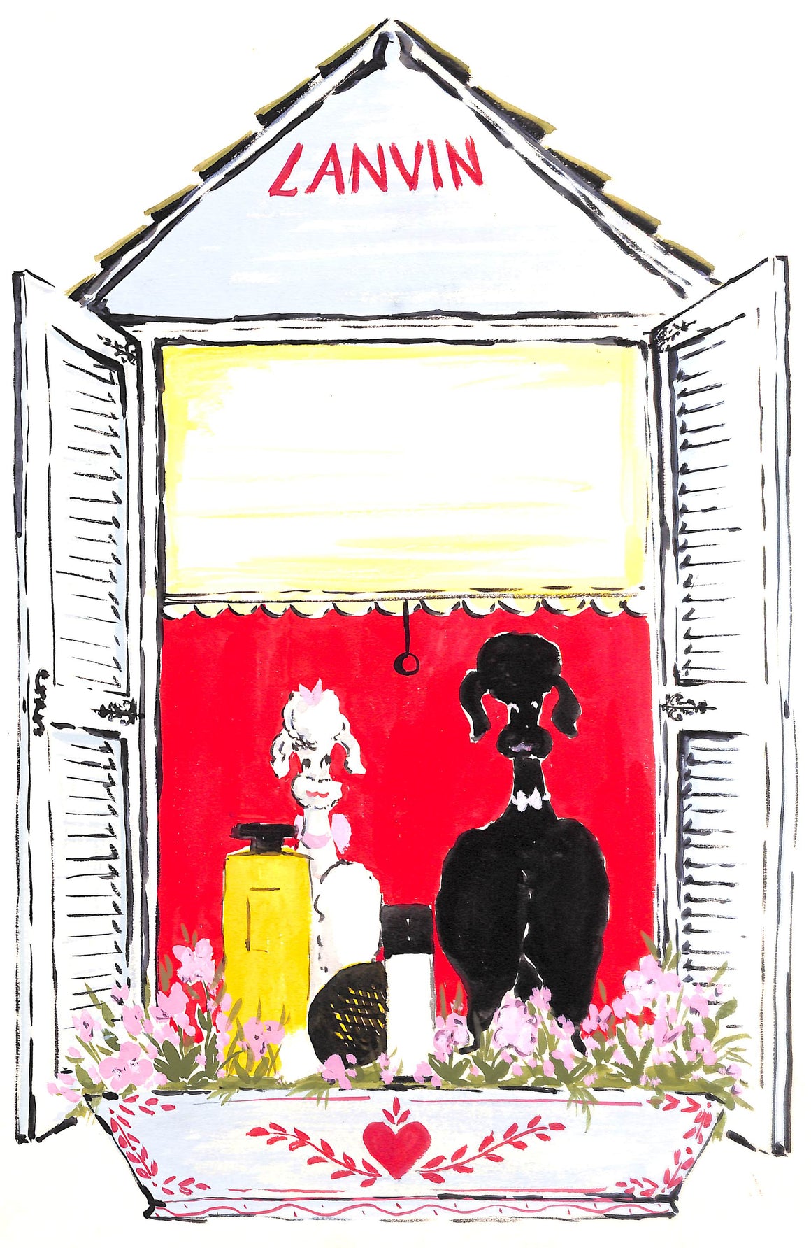 Lanvin Paris Perfume w/ Black & White Poodle On Windowsill c1950s Artwork