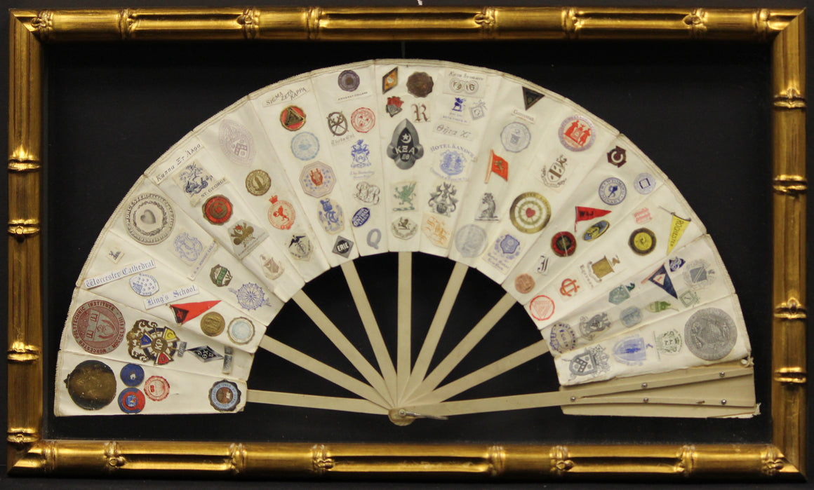 "16 Panel 19th C Fan w/ 163 Letterhead Emblems"