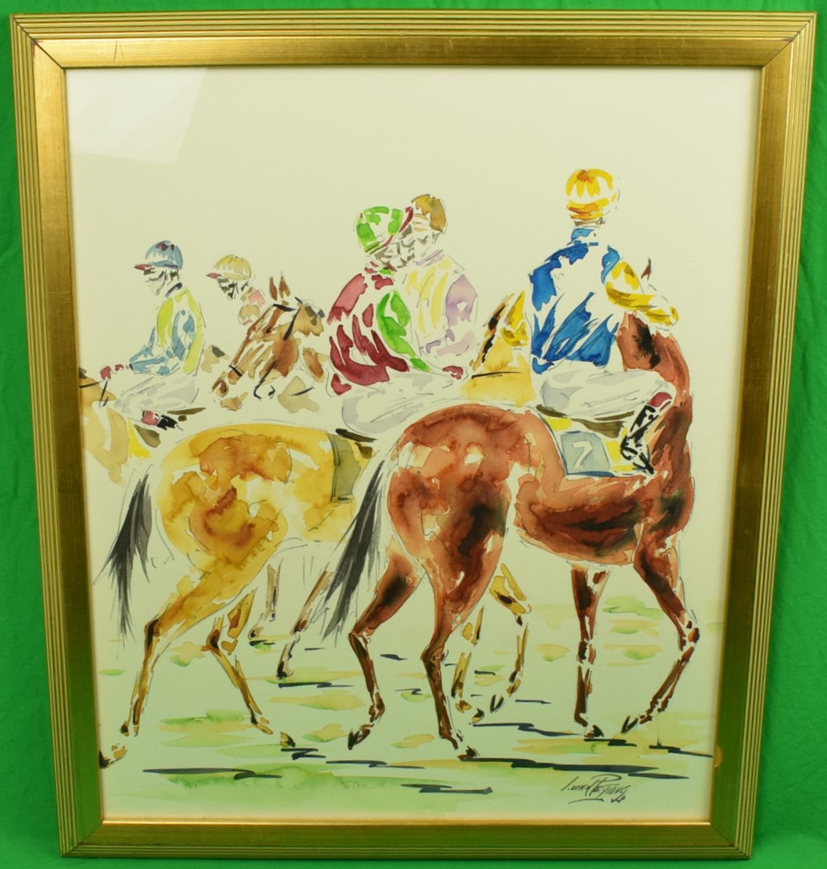 "Five Jockeys" Watercolour by Lucien Peytong (b.- Deauville, FR 1950) (SOLD)