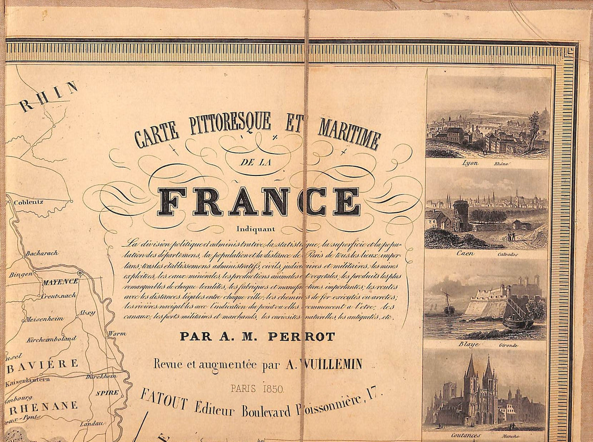 "32-Fold Parchment Linen Map of France 1850" PERROT, A. M.