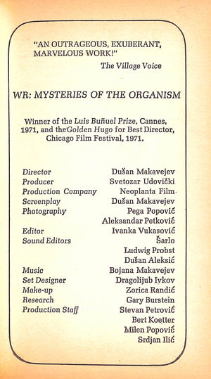 "WR: Mysteries Of The Organism A Cinematic Testament To The Life And Teachings Of Wilhelm Reich" 1972 MAKAVEJEV, Dusan