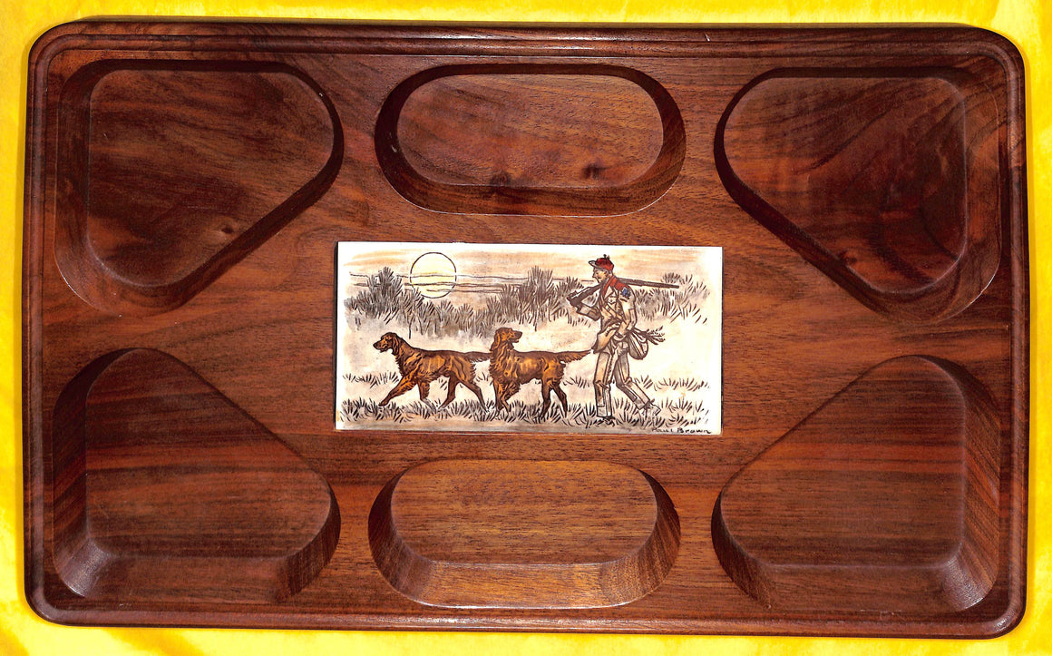 "Brooks Brothers Wooden Cufflink/ Coin Tray w/ Paul Brown Hunt Scene Tile Inset"