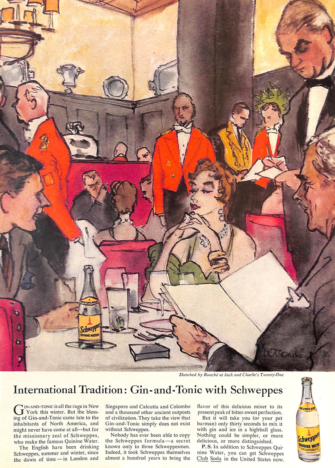 "Gin-And-Tonic With Schweppes Sketched by Rene Bouche At Jack And Charlie's Twenty-One" Advert Page