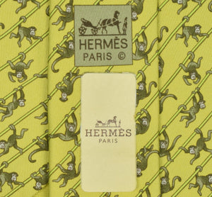 "Hermes Paris Dangling Monkeys Chartreuse Silk Tie" (New w/ 'H' Tag!)