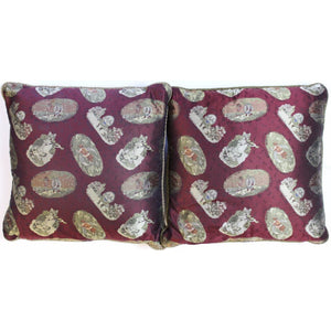Pair of Paul Stuart 'Nursery Rhyme' Burgundy Silk Pillows