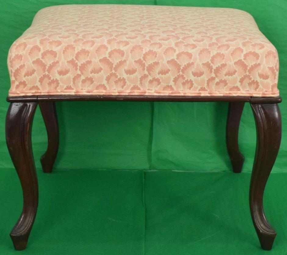 English Coral Scallop Fabric Upholstered Mahogany Ottoman