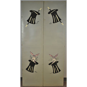 Pair of Puppeteer Hand-Painted Palm Tree Reversing to Pink Bunny Top Hat Panels