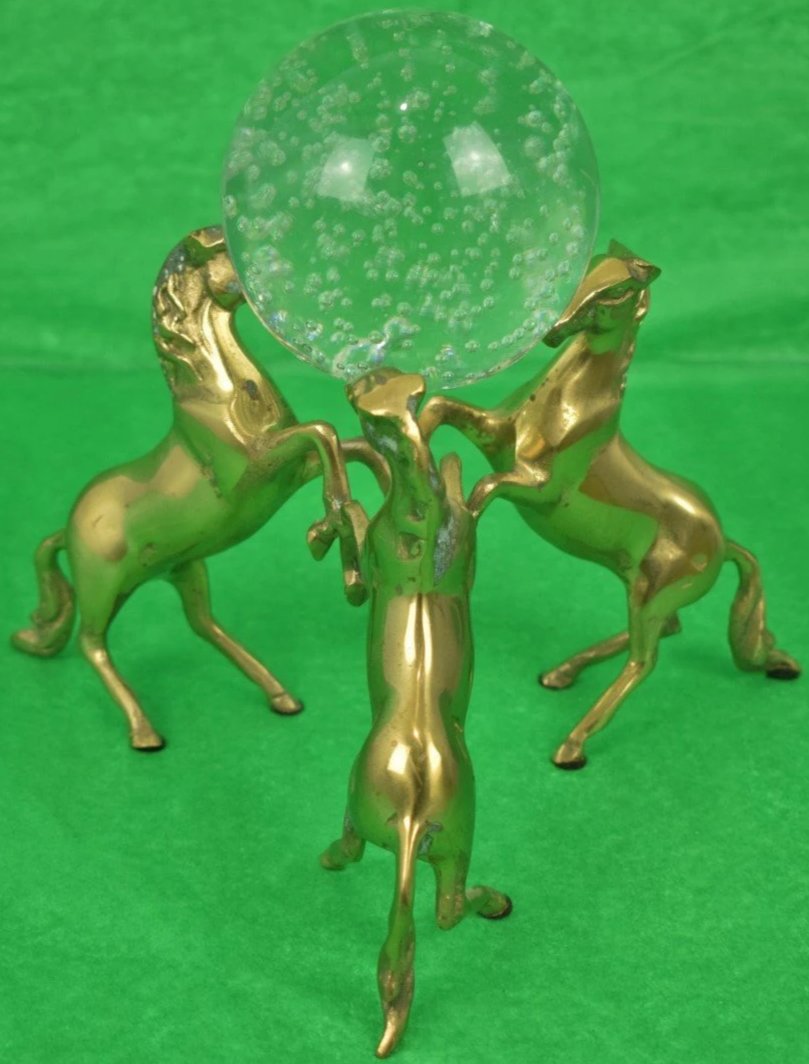 Three Brass Rearing Horses w/ Crystal Globe