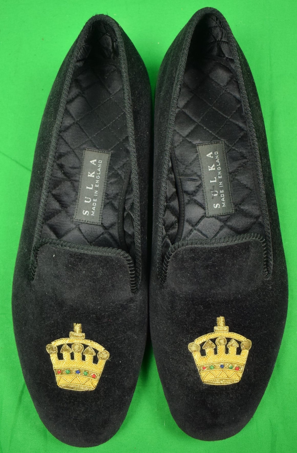 "Sulka Black Velvet English Slippers w/ Crown Bullion Emblem" Sz: 11