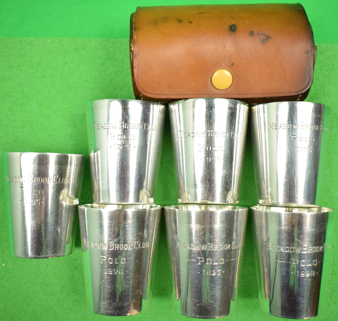 "Set x 7 Meadow Brook Club Gorham Sterling Silver c1920s Polo Jigger Cups" (SOLD)