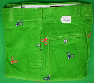 O'Connell's Vintage c1980s Embroidered Corduroy Trousers w/ Tennis Racquets On Green Sz 36 (DEADSTOCK)