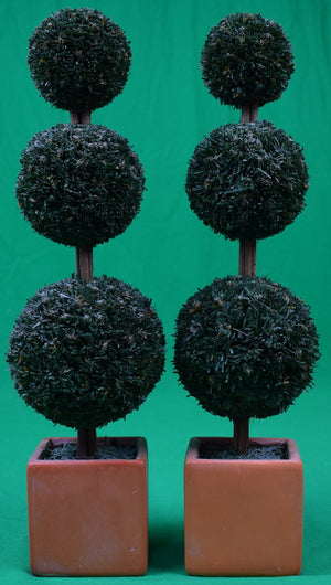 Pair Of Topiary Ceramic Potted Faux 3-Tier Tree Bookends