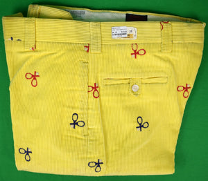 O'Connell's Vintage c1980s Embroidered Corduroy Trousers w/ Tennis Racquets On Yellow Sz 36R (DEADSTOCK)