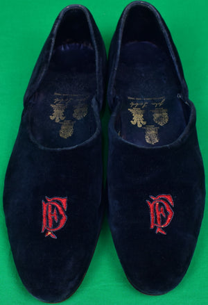 "Douglas Fairbanks Jr. Black Velvet Slippers w/ Red Monogram Hand-Made By John Lobb London" Sz 11 (SOLD)