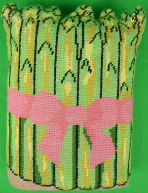 "Hand-Needlepoint Asparagus Pillow w/ Pink Bow"