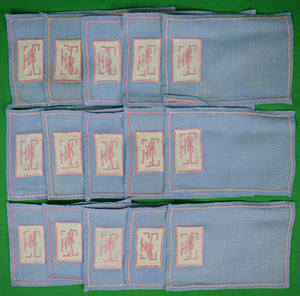 Set Of 15 Hand-Embroidered Madeira Linen Blue w/ Pink Cocktail Napkins
