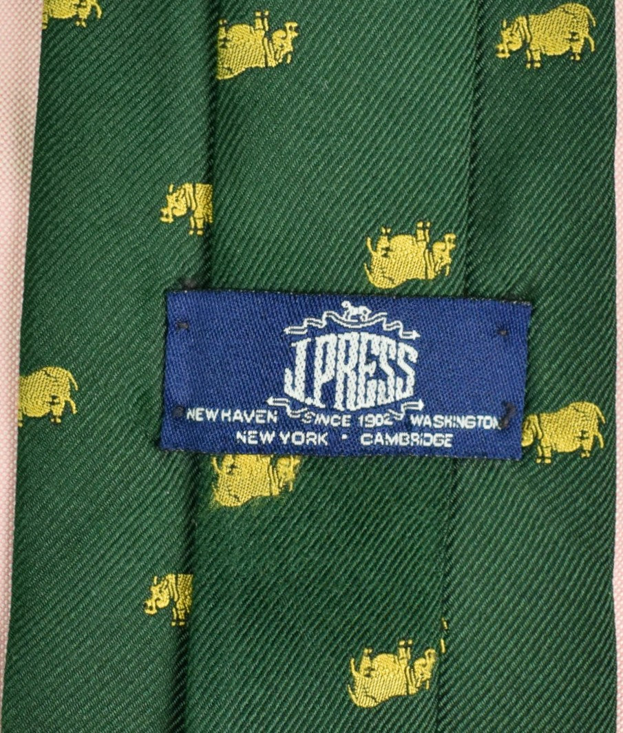 "J. Press Hunter Green Silk Tie w/ Emblematic Gold Rhino Print"
