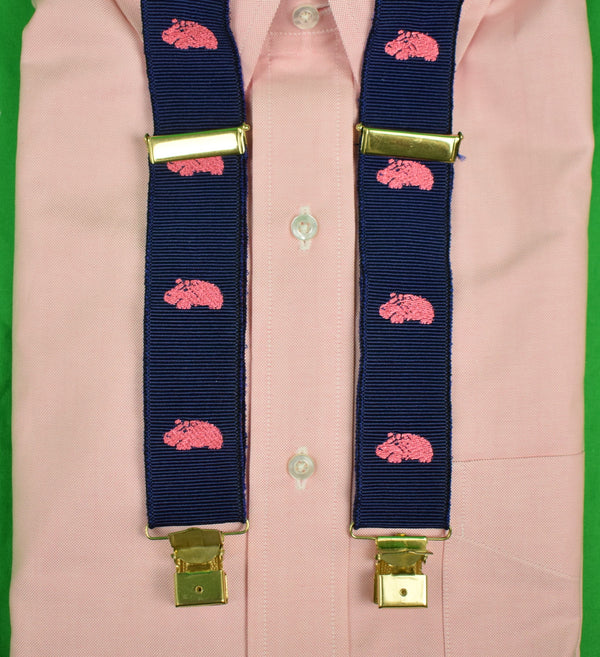 "Albert Thurston Pink Hippo on Navy Grosgrain English ClipOn Braces"