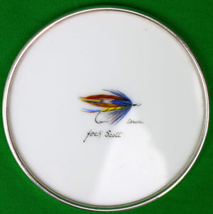 "Set x 6 Hand-Painted Trout Flies Milk Glass/ Sterling Rim Coasters" Signed: Carwin