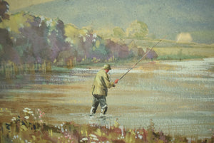 Two Anglers On A Riverbed Watercolour & Gouache by Graham Smith