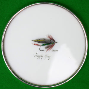 "Set x 6 Hand-Painted Trout Flies Milk Glass/ Sterling Rim Coasters" Signed: Carwin
