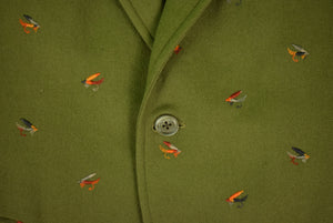"Chipp Olive Flannel Trout Fly Embroidered c1972 Blazer" Sz 41R