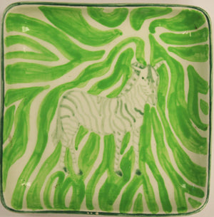 "Palm Green/ White Stripe Zebra Print Ceramic Ashtray"