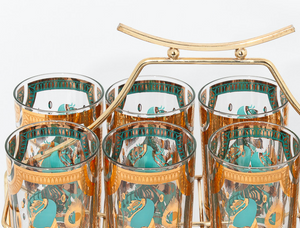 "Set x 8 Equestrian c1950s Highball Bar Glasses w/ Brass 'Pagoda' Caddy" (SOLD)