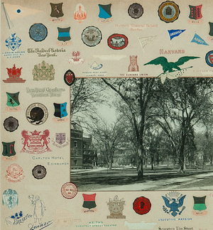 "Letterhead Crests Surrounding B&W Photo of Harvard Yard"