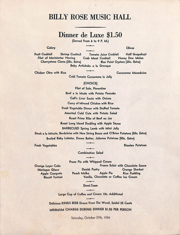 "Billy Rose Music Hall" 1934 Menu
