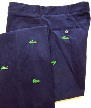 O'Connell's Embroidered Featherwale Corduroy Trousers - Alligators On Navy Sz 36 (DEADSTOCK)