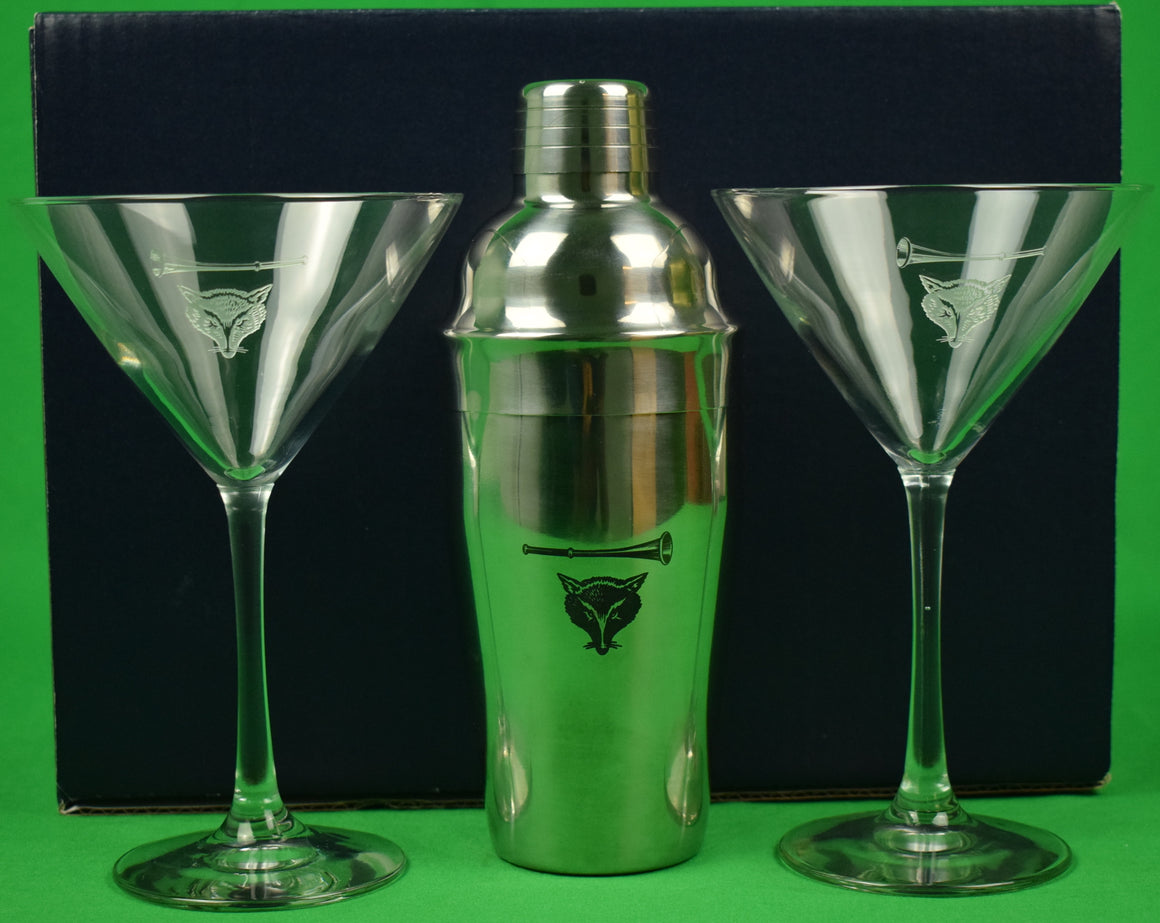 "Myopia Hunt Club Martini Shaker Set w/ 2 Sterling Cut MHC Glasses" (New w/ Gift Box) (SOLD)