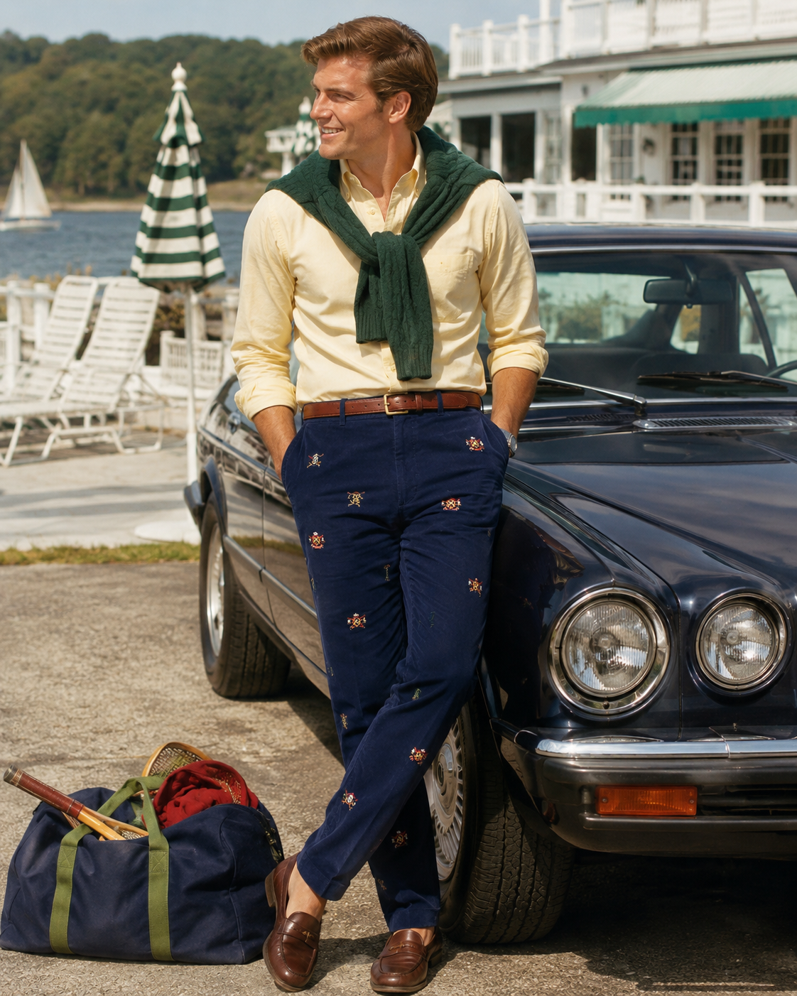 "Polo Ralph Lauren Navy Cotton Chino Embroidered Trousers" Sz 33 x 32