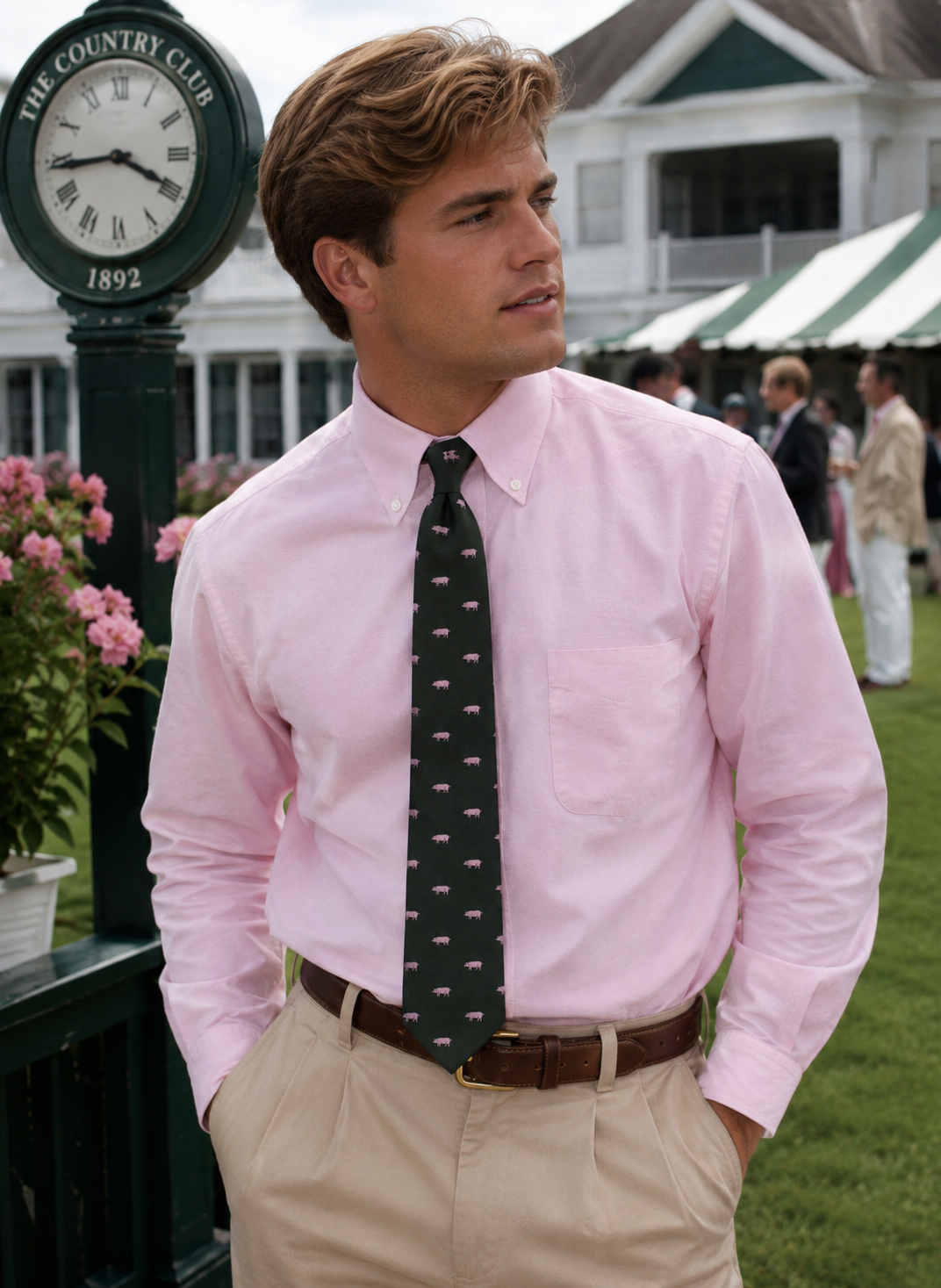 J. Press Made-in-Ireland Green w/ Pink Pigs Club Tie (NWT & Gift Box)