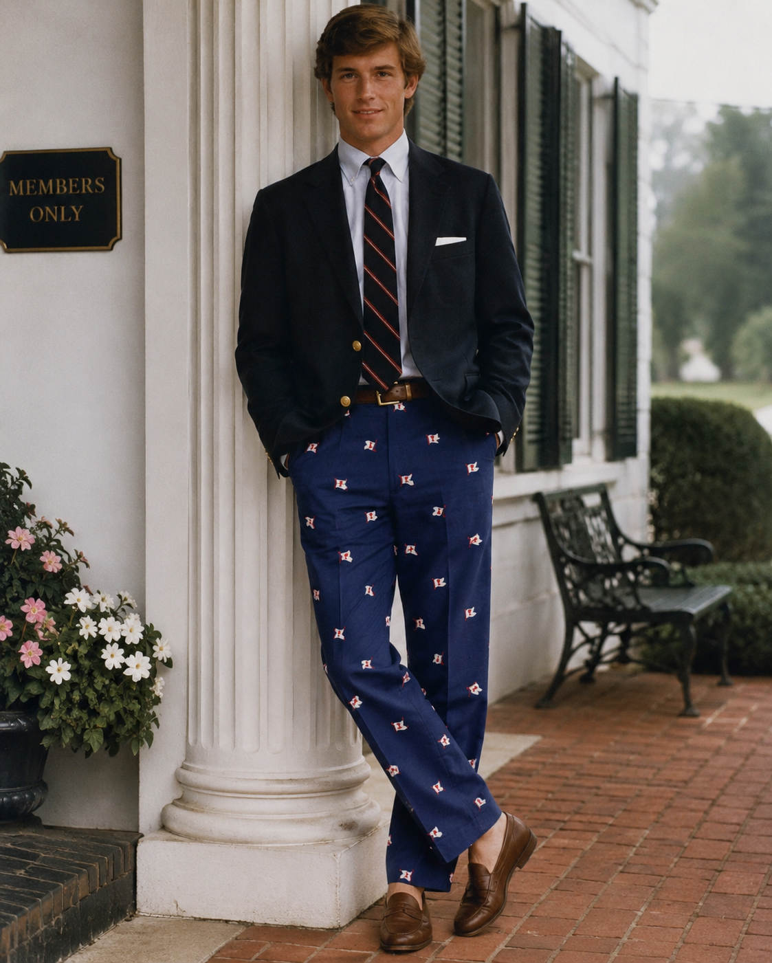 "Chipp Navy Linen Trousers w/ Embroidered Red/ White Cocktail Signal Flag Print" Sz 34