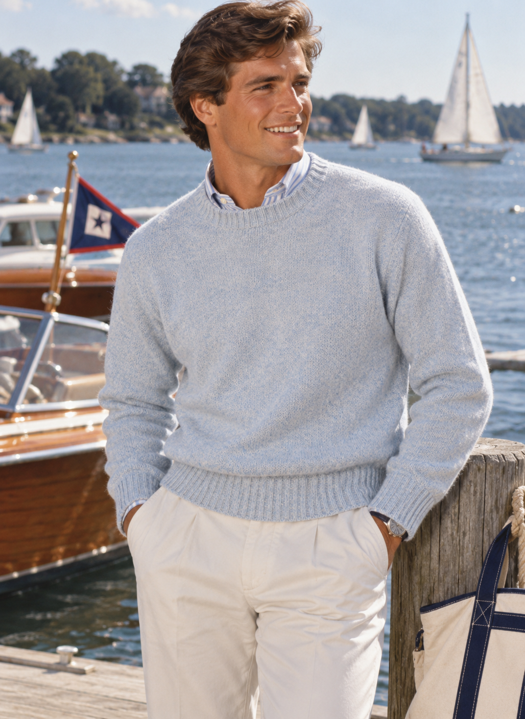 "Harley Of Scotland Shetland Crew Neck Powder Blue Shaggy Dog Sweater" Sz L (NWT)