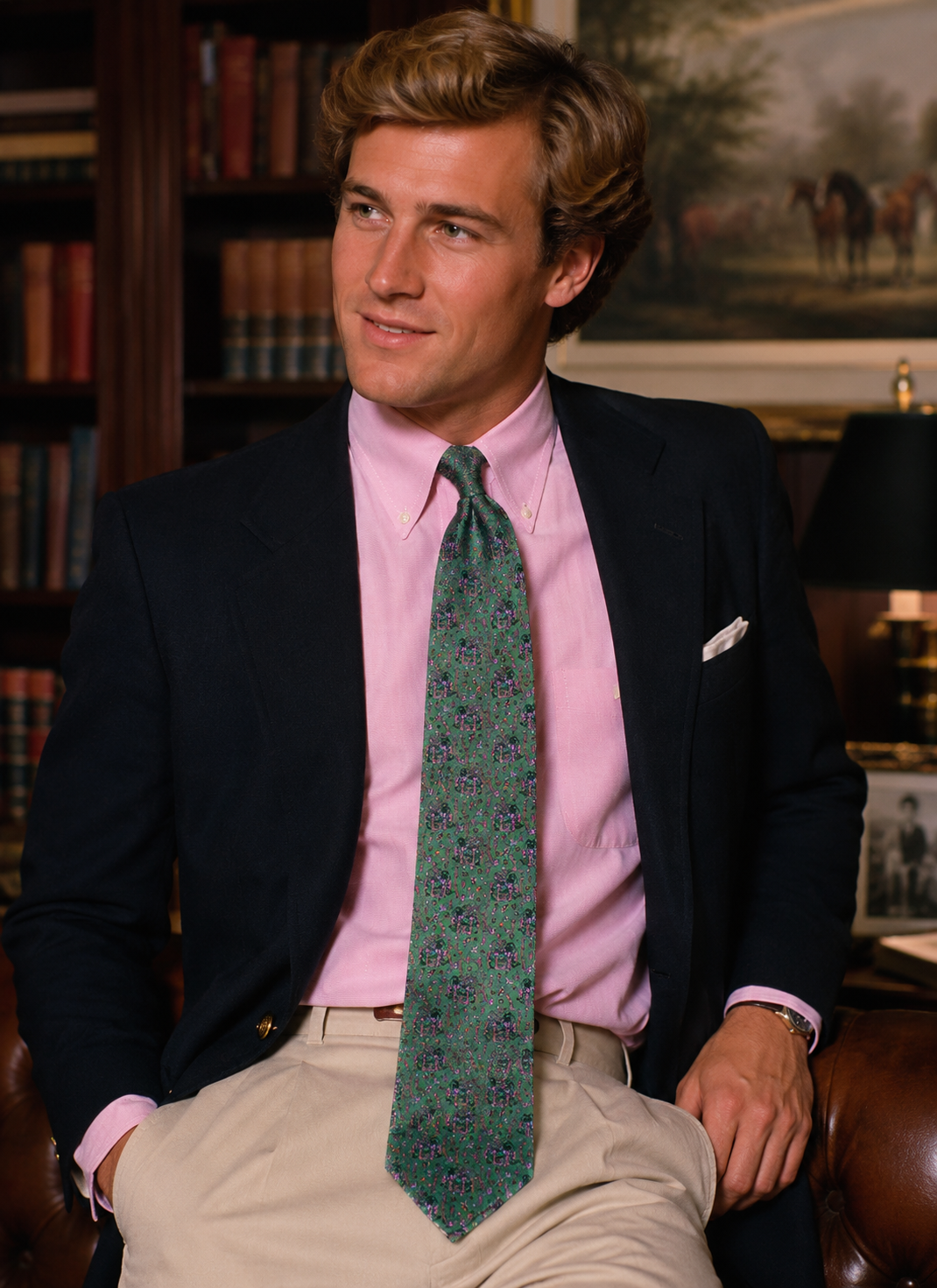 Drake's London English Green w/ Pink Tapestry Print Silk Club Tie (NWT)