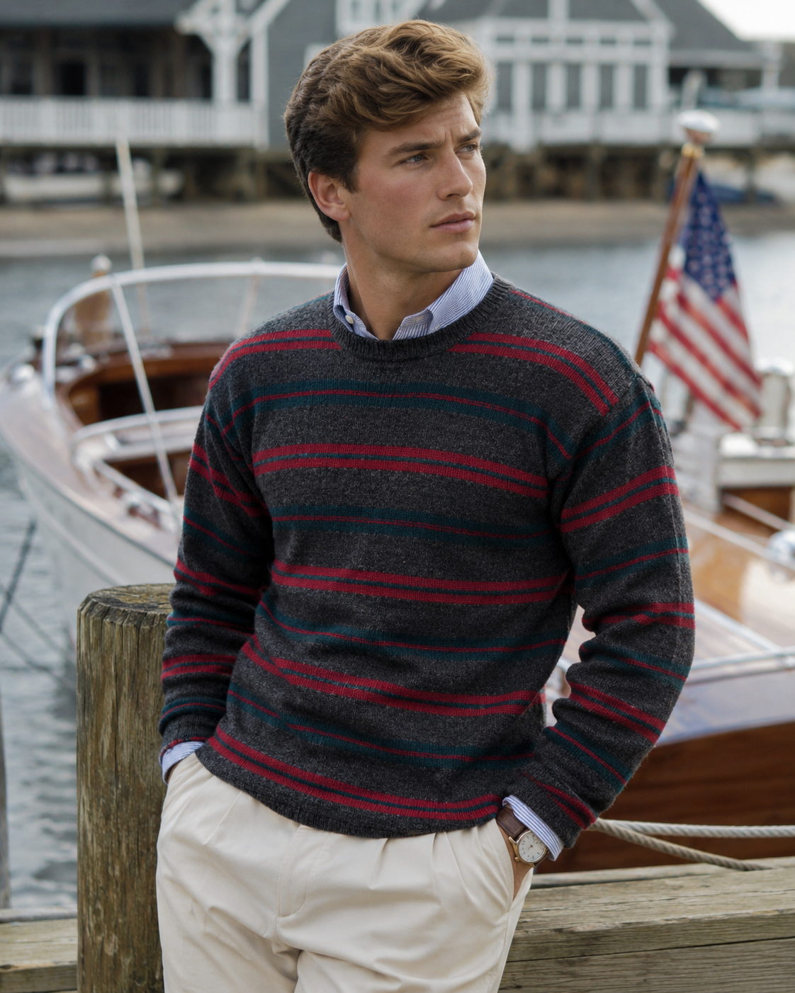 Brooks Brothers Char Grey w/ Burg/ Green Regimental Stripe Shetland Wool Crewneck Sweater Sz L (LNWOT)