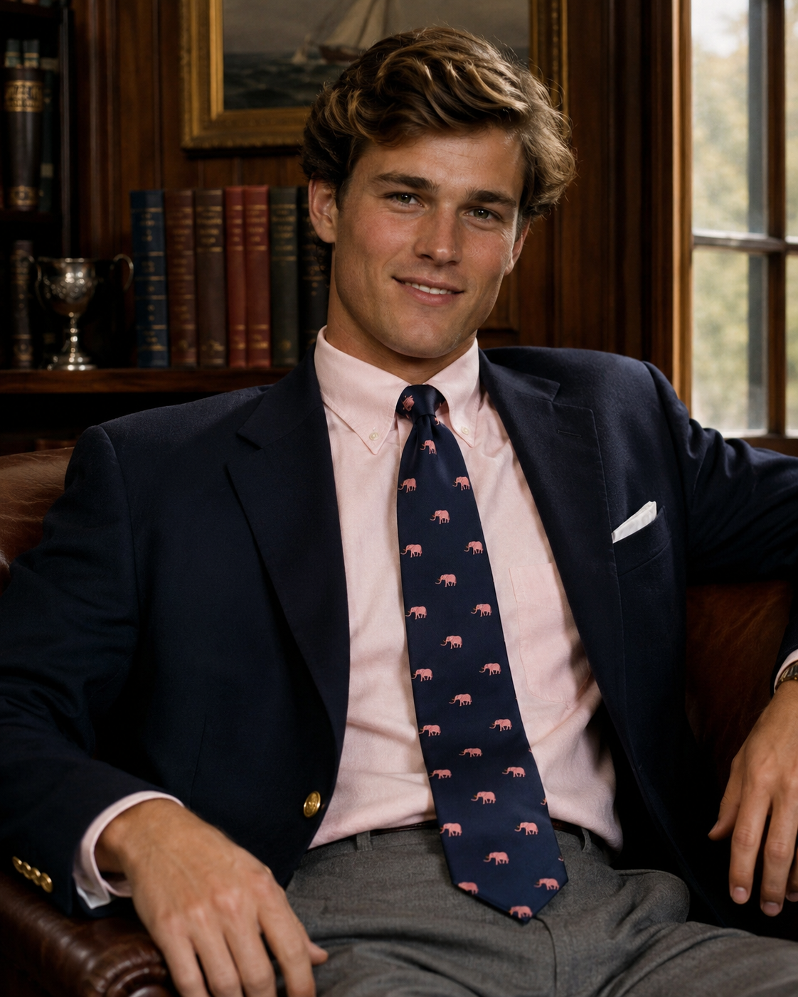 Holland & Holland Navy English Silk w/ Pink Elephant Print Club Tie