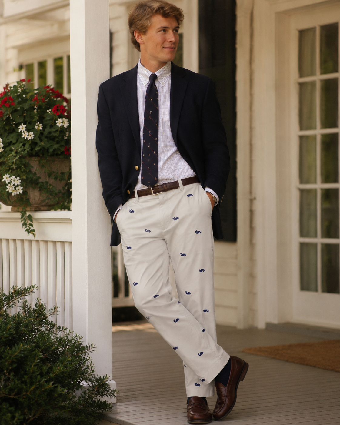"O'Connell's Oyster Brushed Cotton w/ Navy Whale Embroidered Trousers" Sz 38