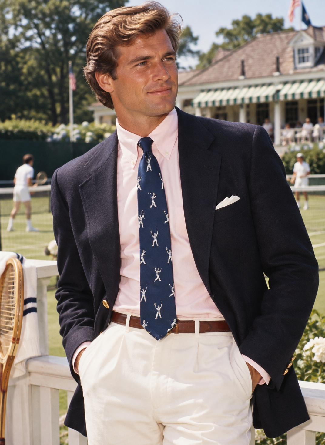Polo Ralph Lauren Navy Silk w/ Silver Tennis Player Club Tie