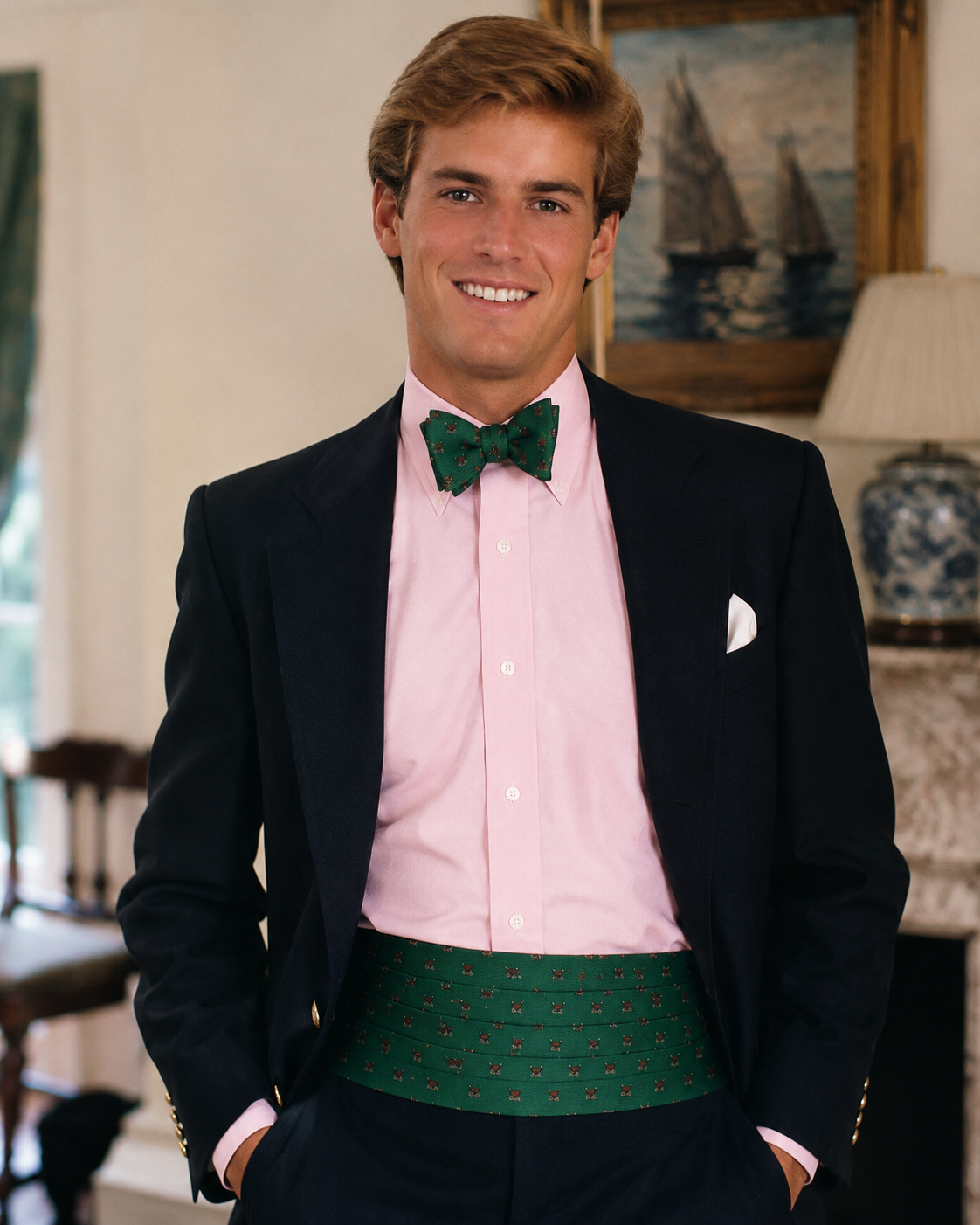 Cummerbund & Bowtie Set w/ Green Silk & Gold Fox Mask Motif Print