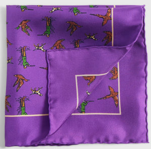 "Paul Stuart Purple Italian Silk w/ Green Duck Hunter Print Pocket Square" (NWT)