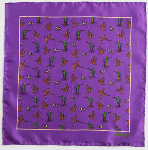 "Paul Stuart Purple Italian Silk w/ Green Duck Hunter Print Pocket Square" (NWT)