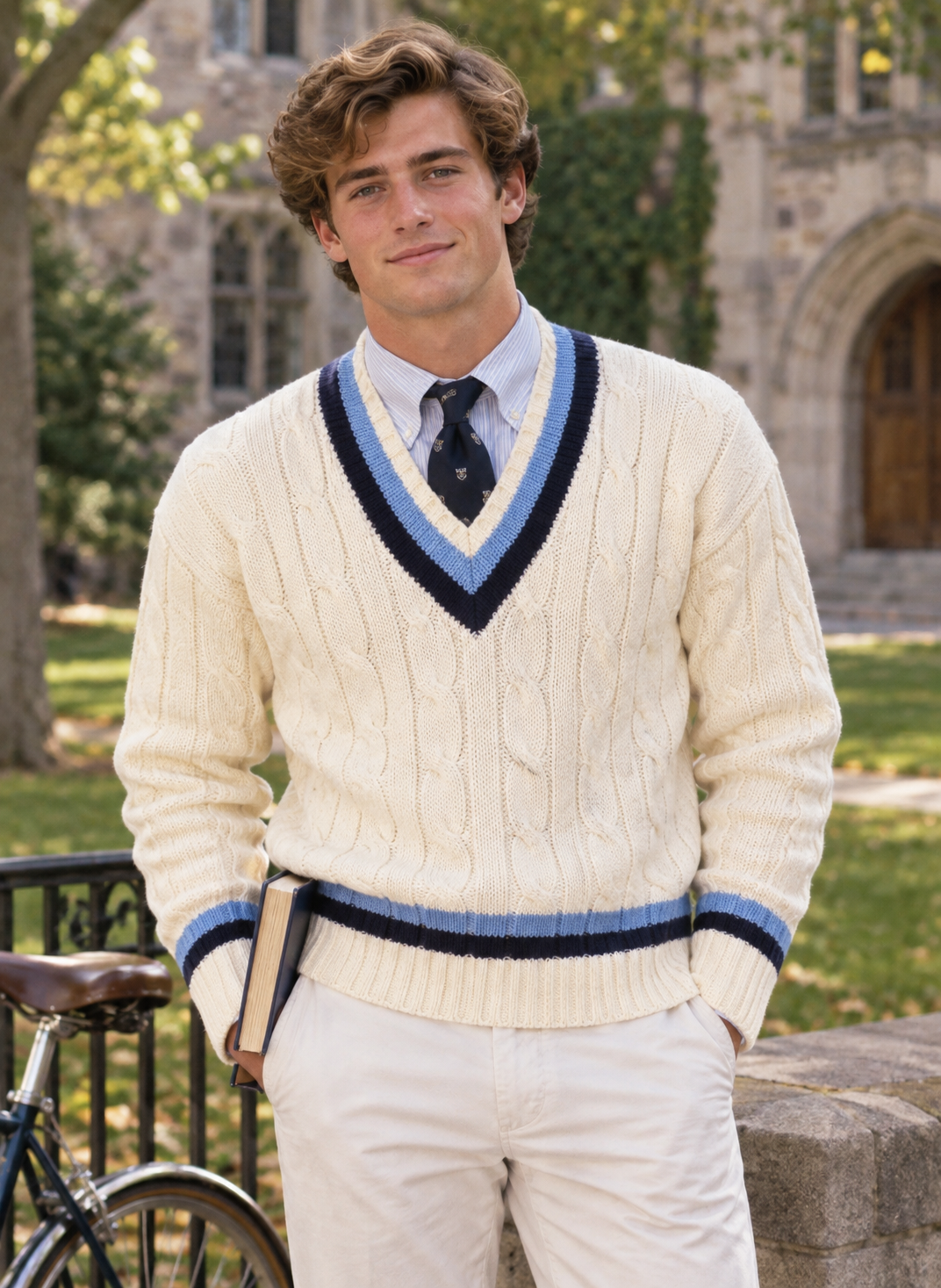 Trimingham's Bermuda x Deans of Scotland Cream w/ Blue/ Navy Trim Cable V Neck Cricket Sweater Sz 42